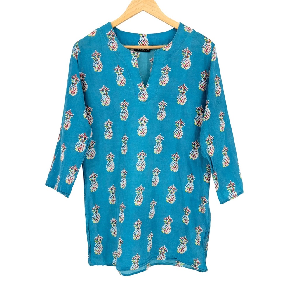 KikiSol Pineapple Print Tunic Womens Small Blue Cotton Split Neck Beach Cover Up
